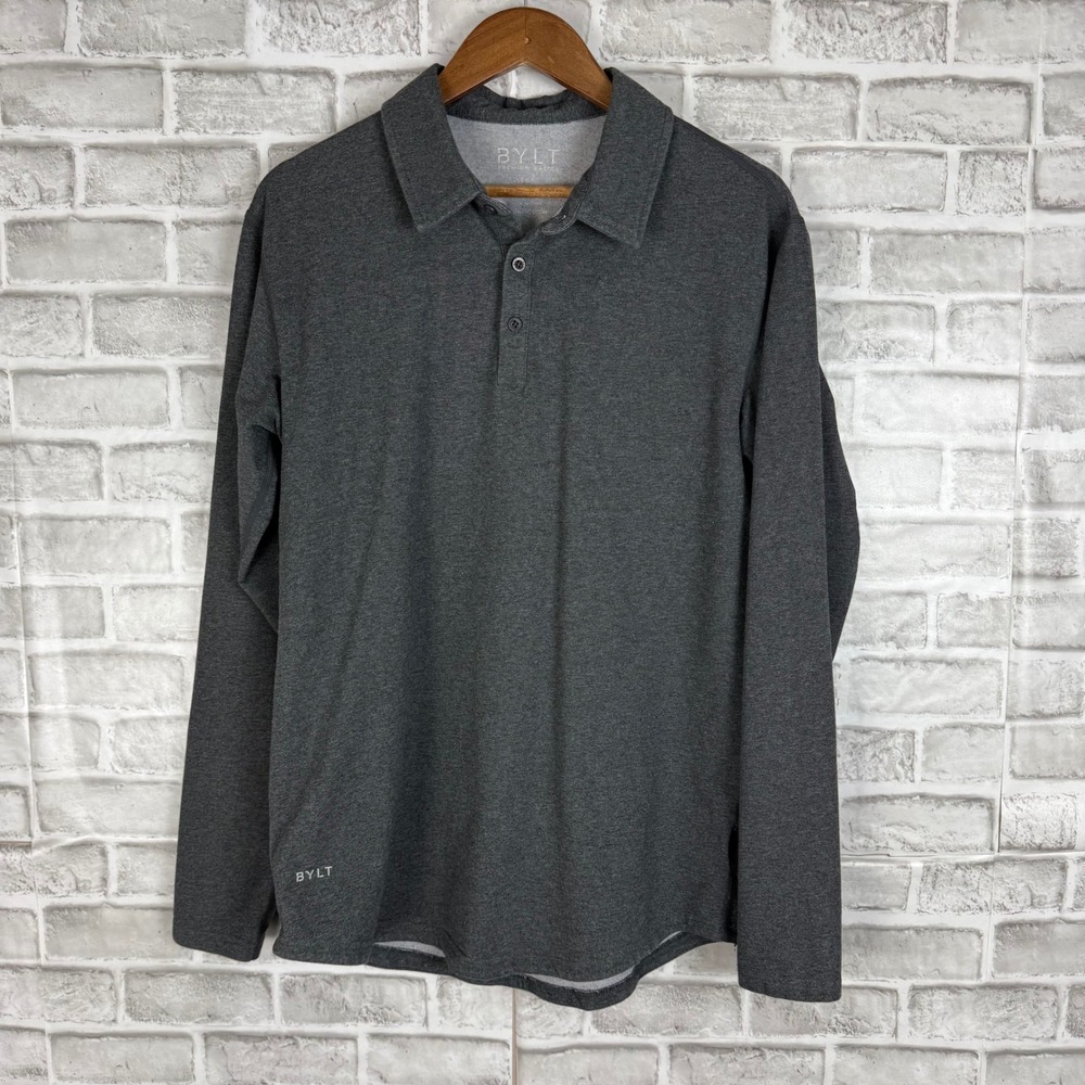 BYLT Premium Basics Lux Long Sleeve Polo Shirt Charcoal Gray Heather Mens Medium